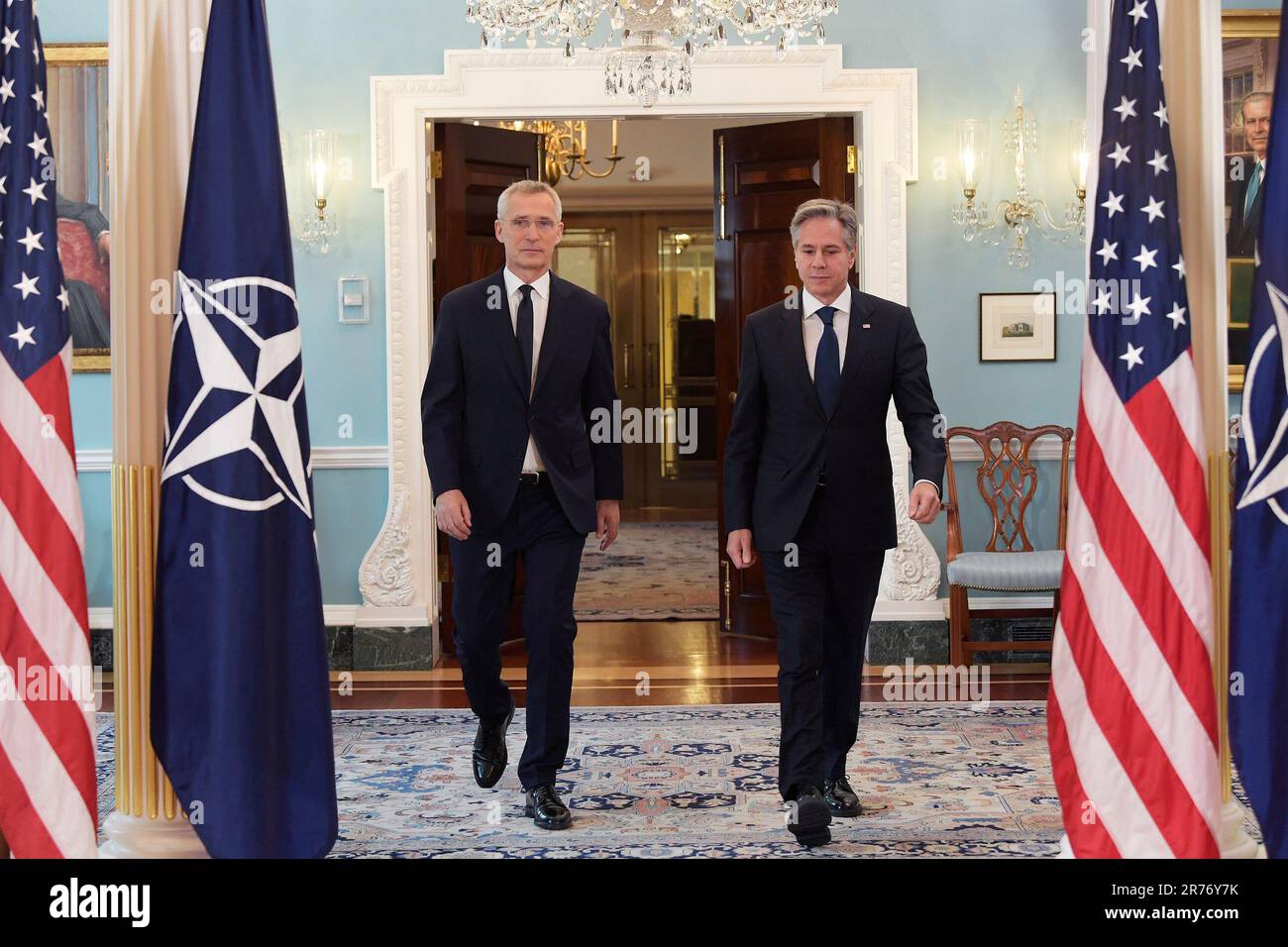 13. Juni 2023, Washington, Distric of Columbia, USA: Außenministerin ANTONY BLINKEN trifft sich mit NATO-Generalsekretär JENS STOLTENBERG und hält heute am 13. Juni 2023 eine Pressekonferenz im Hauptquartier des Außenministeriums in Washington DC, USA ab. (Kreditbild: © Lenin Nolly/ZUMA Press Wire) NUR REDAKTIONELLE VERWENDUNG! Nicht für den kommerziellen GEBRAUCH! Stockfoto