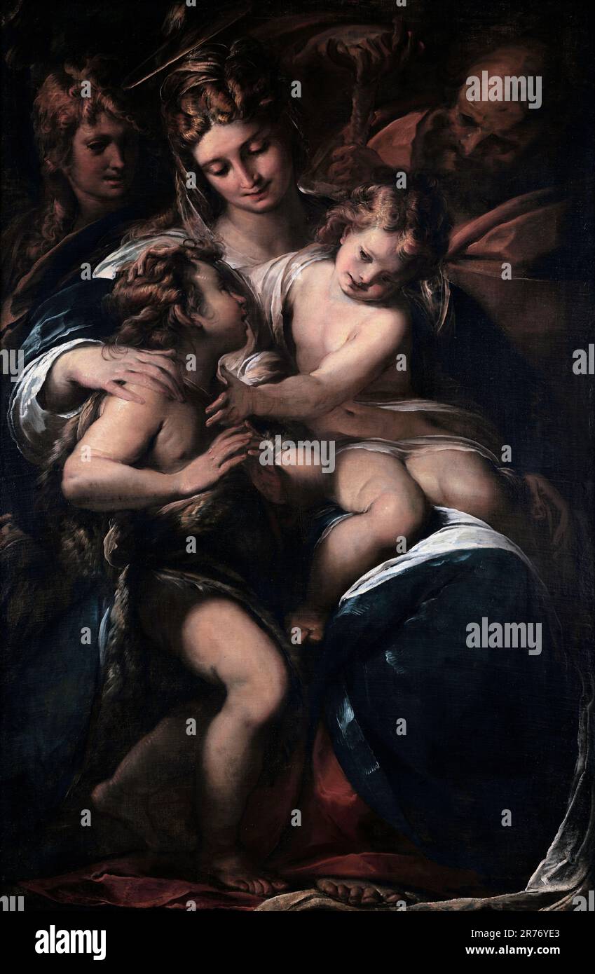 Holy Family with the Infant Saint John and an Angel von Giulio Cesare Procaccini (1574-1625), Öl auf Leinwand, c. 1616-18 (aktiv 1344-1376) Integralrahmen mit Giebelkopf Stockfoto