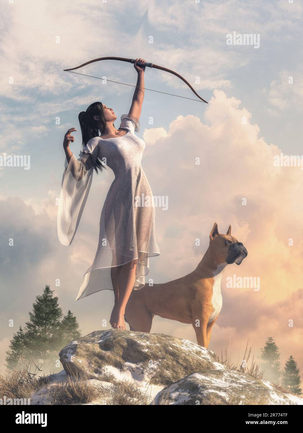 Die Göttin Diana, oder Artemis, die Göttin der Jagd, verliert einen Pfeil von ihrem Bug in den Himmel. Zu ihren Füßen steht ihr Jagdhund Wache. Stockfoto