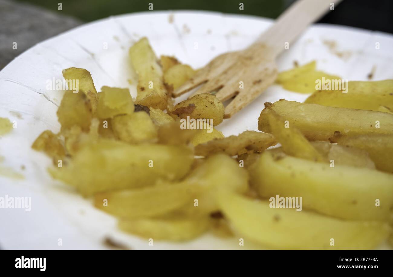 Pommes-Pommes-Teller im Restaurant, schnelles, ungesundes Essen Stockfoto