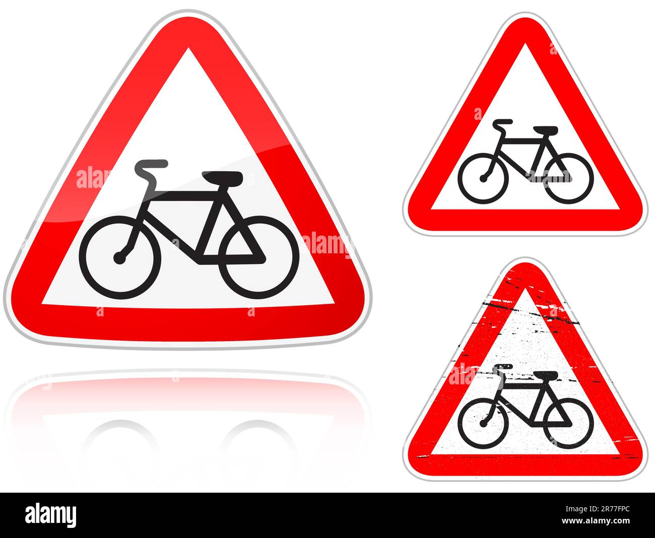 Variantensatz, Kreuzung mit der Fahrradstraße - Straßenschild isoliert auf weißem Hintergrund. Eine Gruppe von Fischaugen-, einfachen und Grunge-Ikonen für Ihre... Stock Vektor