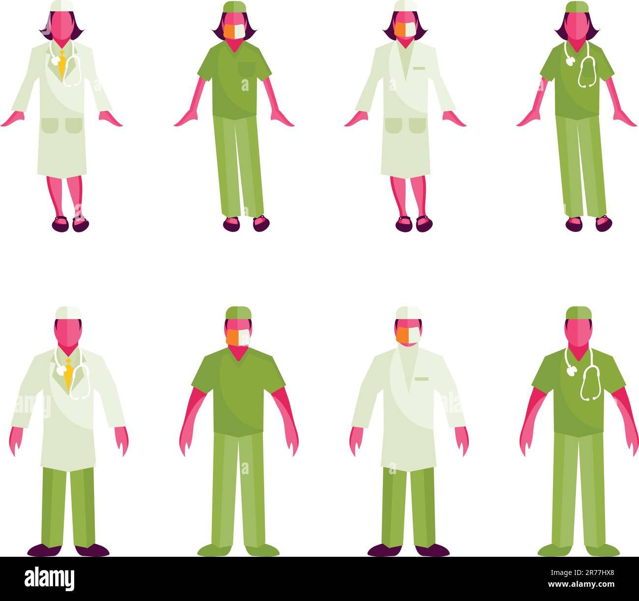 Vektormediziner mit Stethoskopen. Ärzte und Schwestern vor weißem Hintergrund Stock Vektor