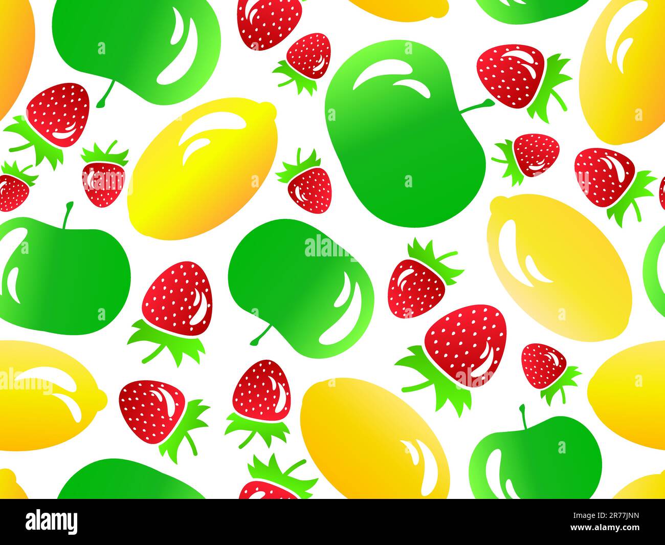 Nahtloses Muster mit Erdbeere, Zitrone und Apfel im stil der 3D jahre. Früchte mit leichter Reflexion: Zitrone, Apfel, Erdbeere. Design für den Druck auf Papier und Stock Vektor