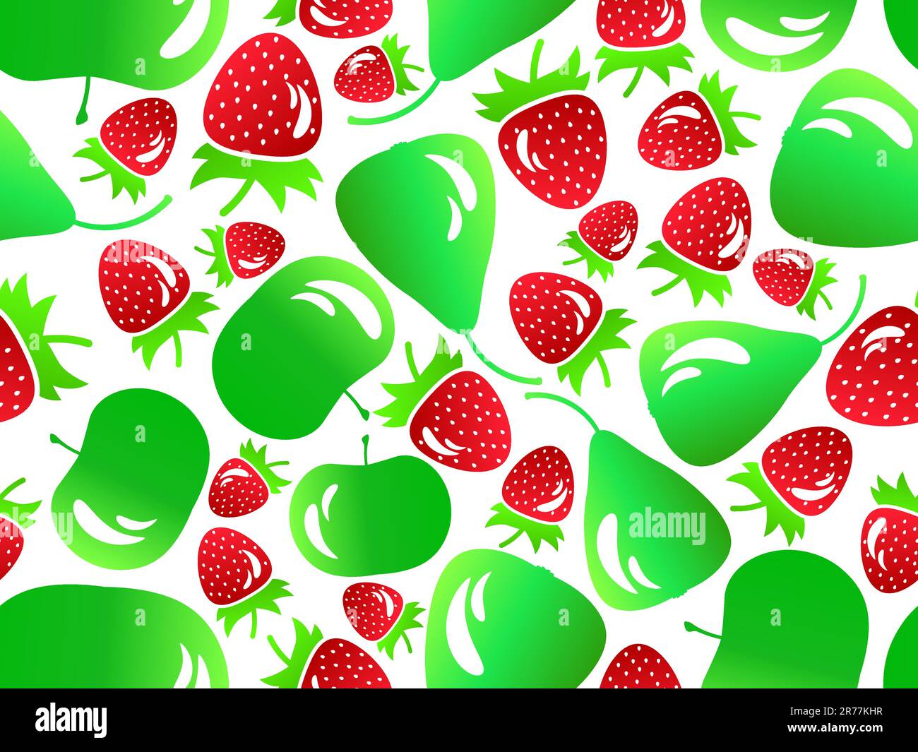 Nahtloses Muster mit Erdbeere, Apfel und Birne im 3D-Stil. Leicht reflektierende Früchte, grüner Apfel und Birne und rote Erdbeere. Design für Druck, Stock Vektor