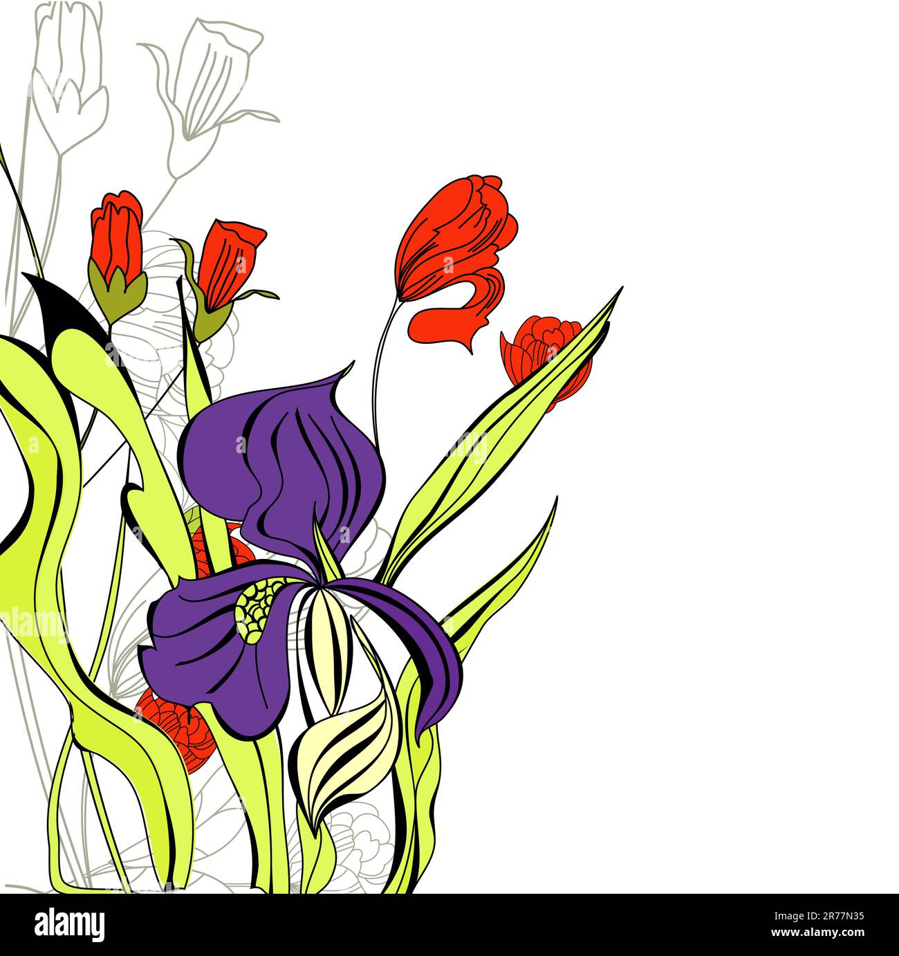 Geblümter Hintergrund mit Irisblüten und roter Rose Stock Vektor
