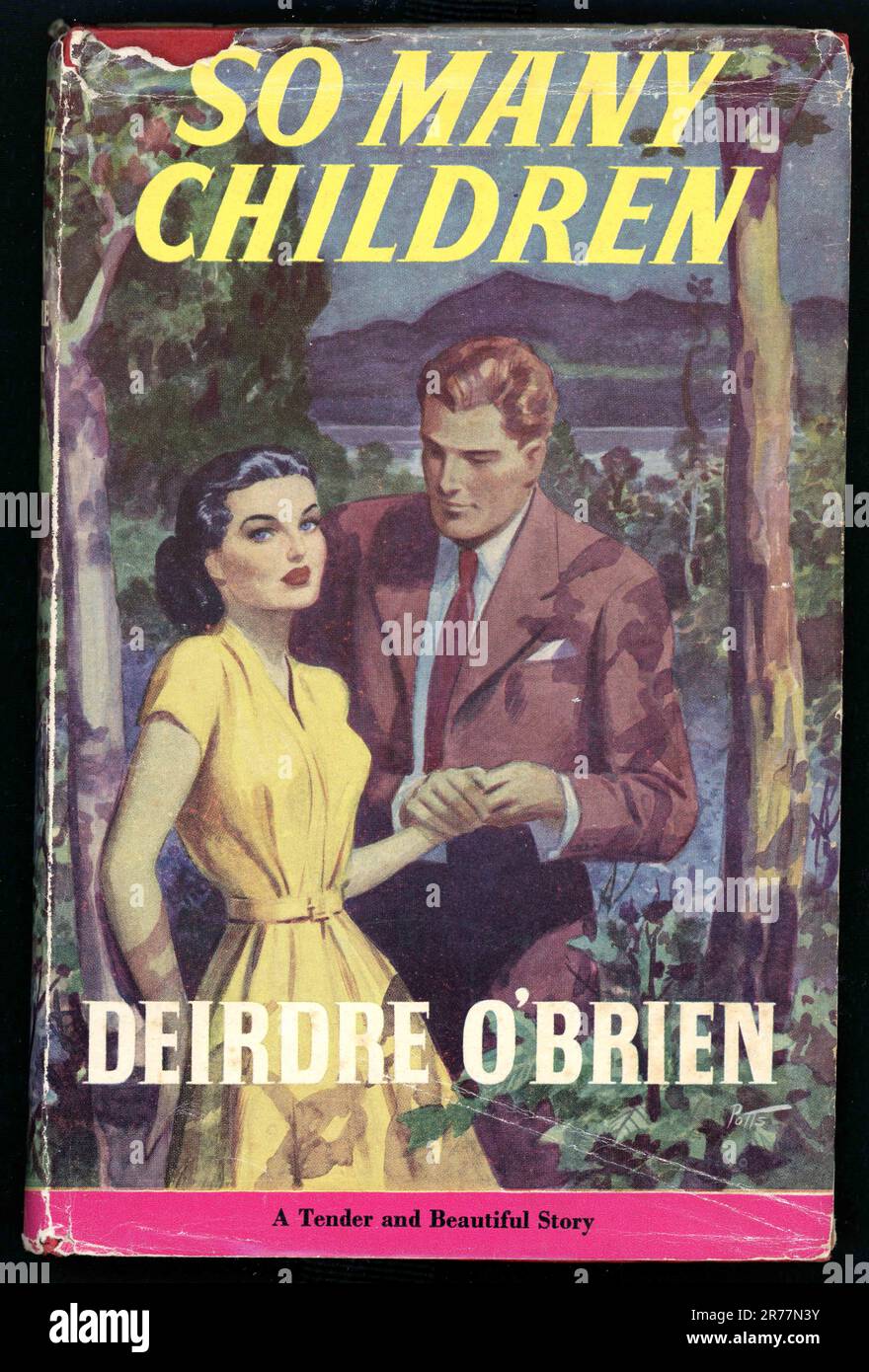 Original-Buch aus der Mitte des Jahrhunderts über so viele Kinder von Deidre O'Brien, ein Romantikroman, spielt in Irland. Die Illustration stammt aus den 1950er Jahren und wurde in Großbritannien vermutlich 1950 veröffentlicht. Der Autor schrieb in den 1930er Jahren für die Verleger Mills und Boon. Stockfoto