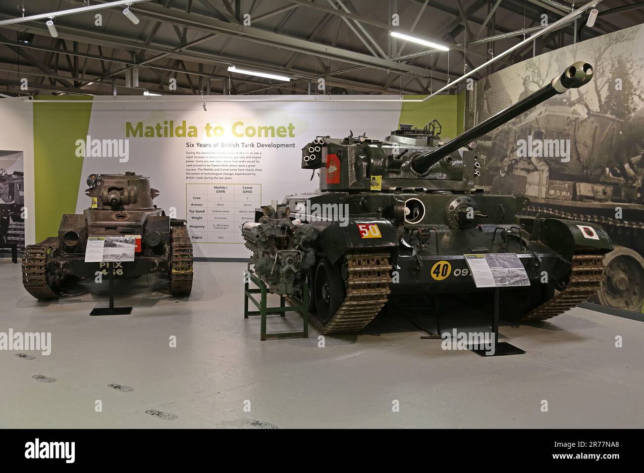 WW2 British Matilda I A11 und Comet I A34, Tank Museum, Bovington Camp, Dorchester, Dorset, England, Großbritannien, Großbritannien, Großbritannien, Großbritannien, Europa Stockfoto