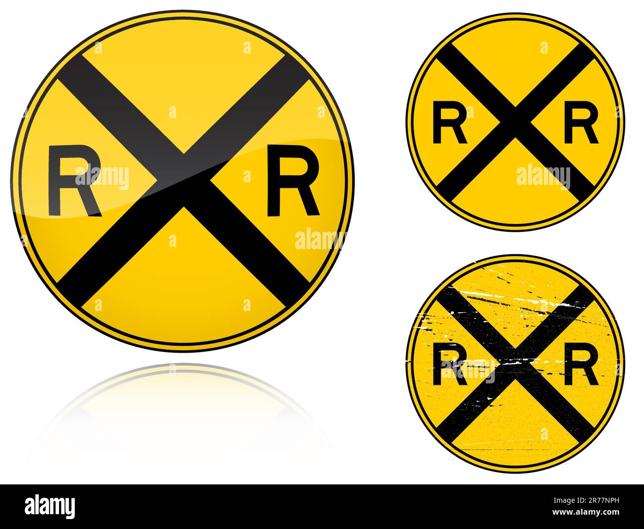 Variantensatz A Warnung Bahnübergang – Straßenschild auf weißem Hintergrund isoliert. Als Fischaugen-, einfache und Grunge-Symbole für dein Design. V... Stock Vektor