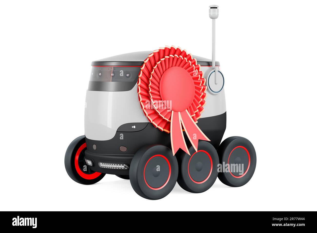 Autonomer Roboter mit Badge „Best Choice“, 3D-Rendering auf weißem Hintergrund isoliert Stockfoto