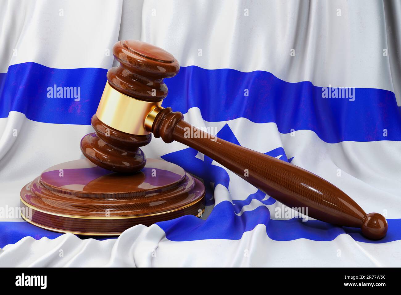 Israelisches Recht und Gerechtigkeit. Holzhammer auf der Flagge Israels, 3D-Darstellung Stockfoto