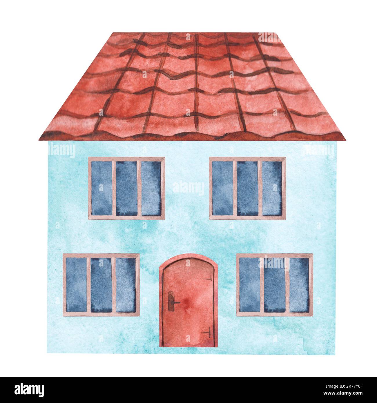 AquarellHaus mit Tür und Fenstern, gefliestes Dach. Isolierter Clipart