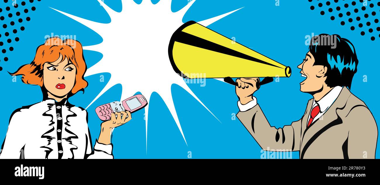 Junger Geschäftsmann schreit Frau an, Pop-Art-Illustration Stock Vektor
