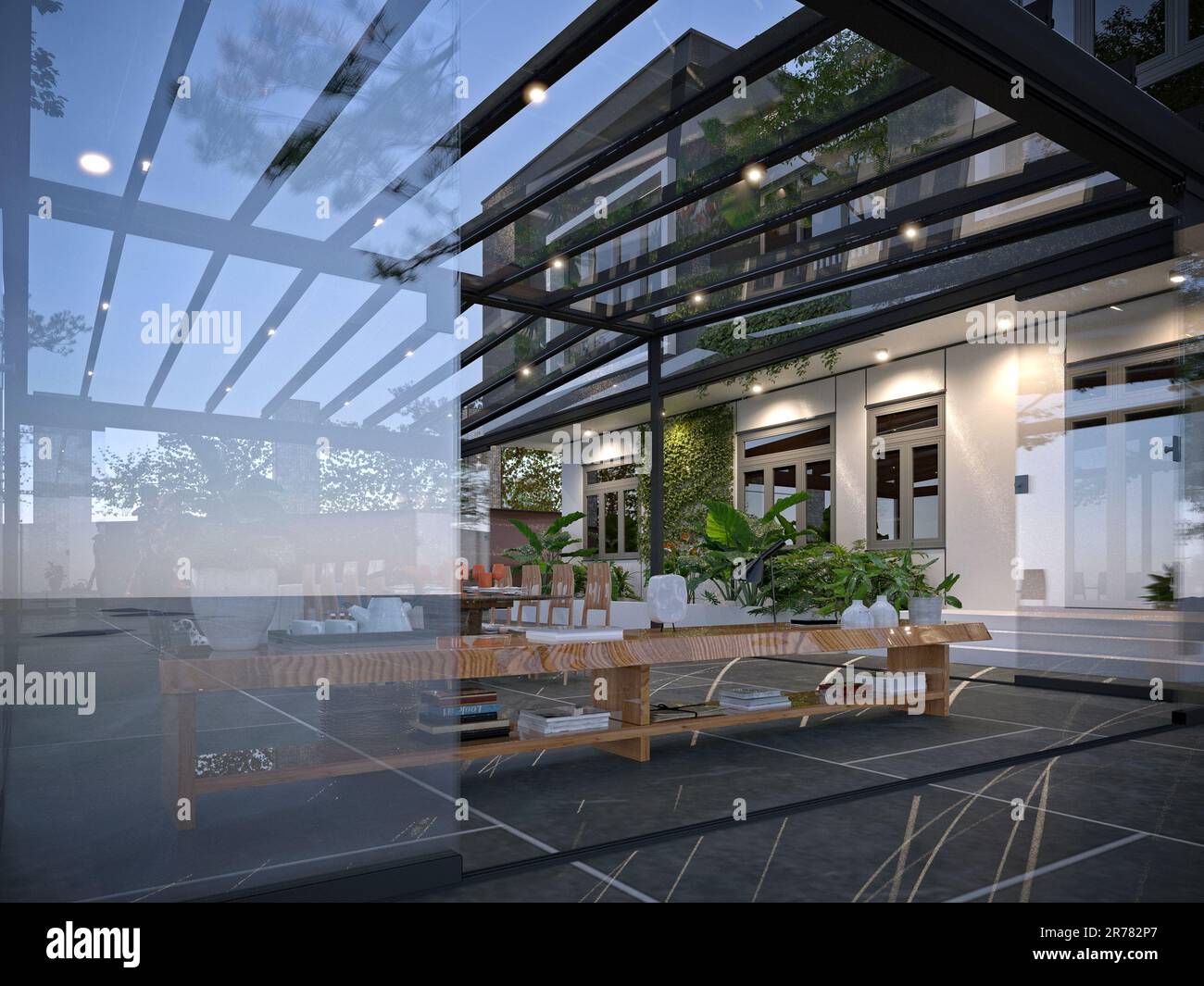 Komplett Verglastes Sonnenzimmer, Wohnbereich Im Freien. 3D-Rendern. Stockfoto