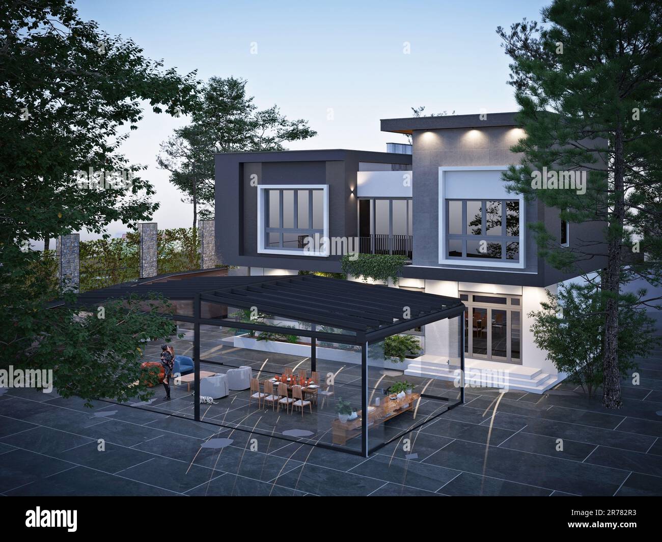 Komplett Verglastes Sonnenzimmer, Wohnbereich Im Freien. 3D-Rendern. Stockfoto