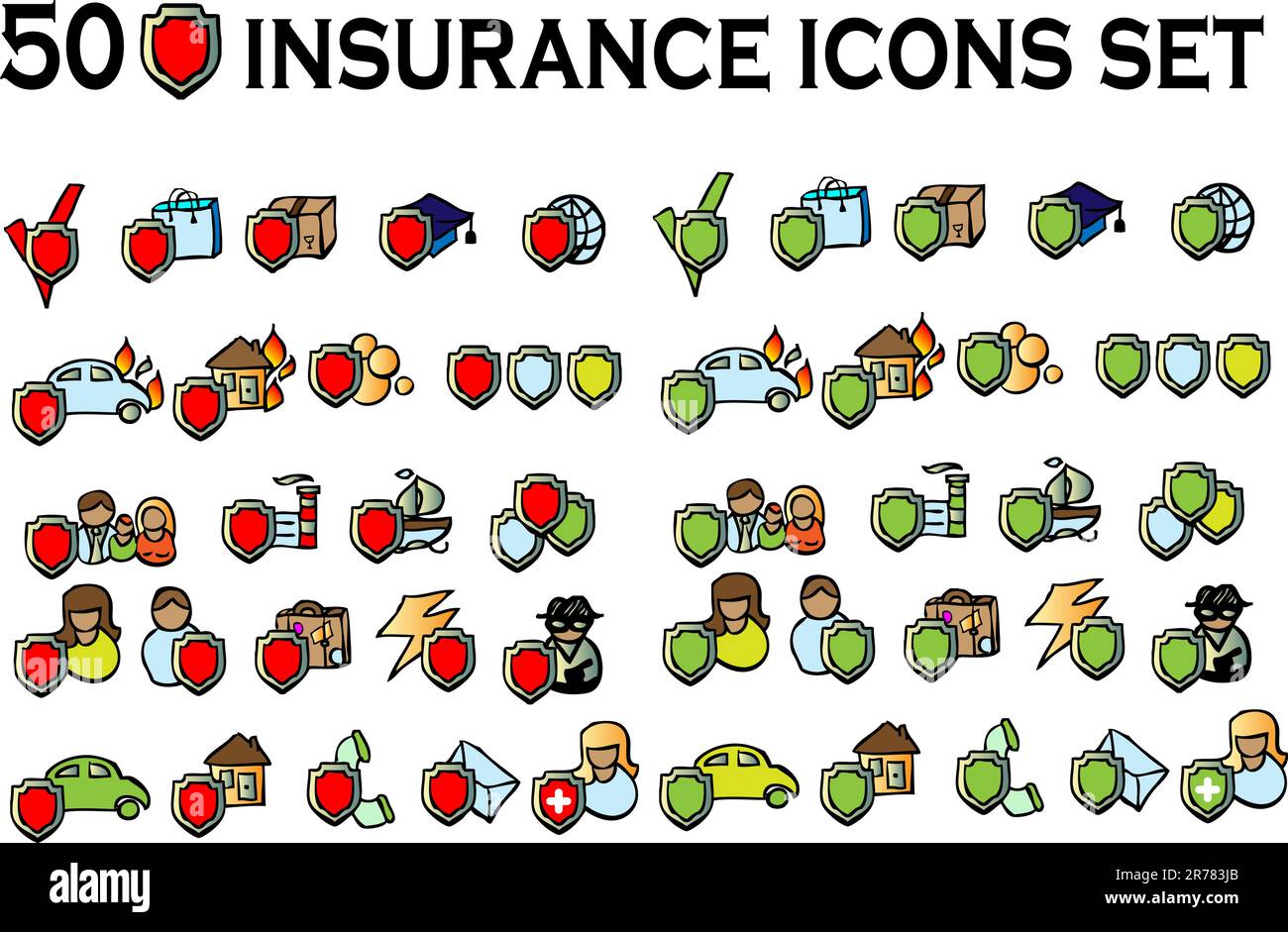 50 Versicherungssymbole, alle Typen, große Sammlung von Vektorkunst Stock Vektor