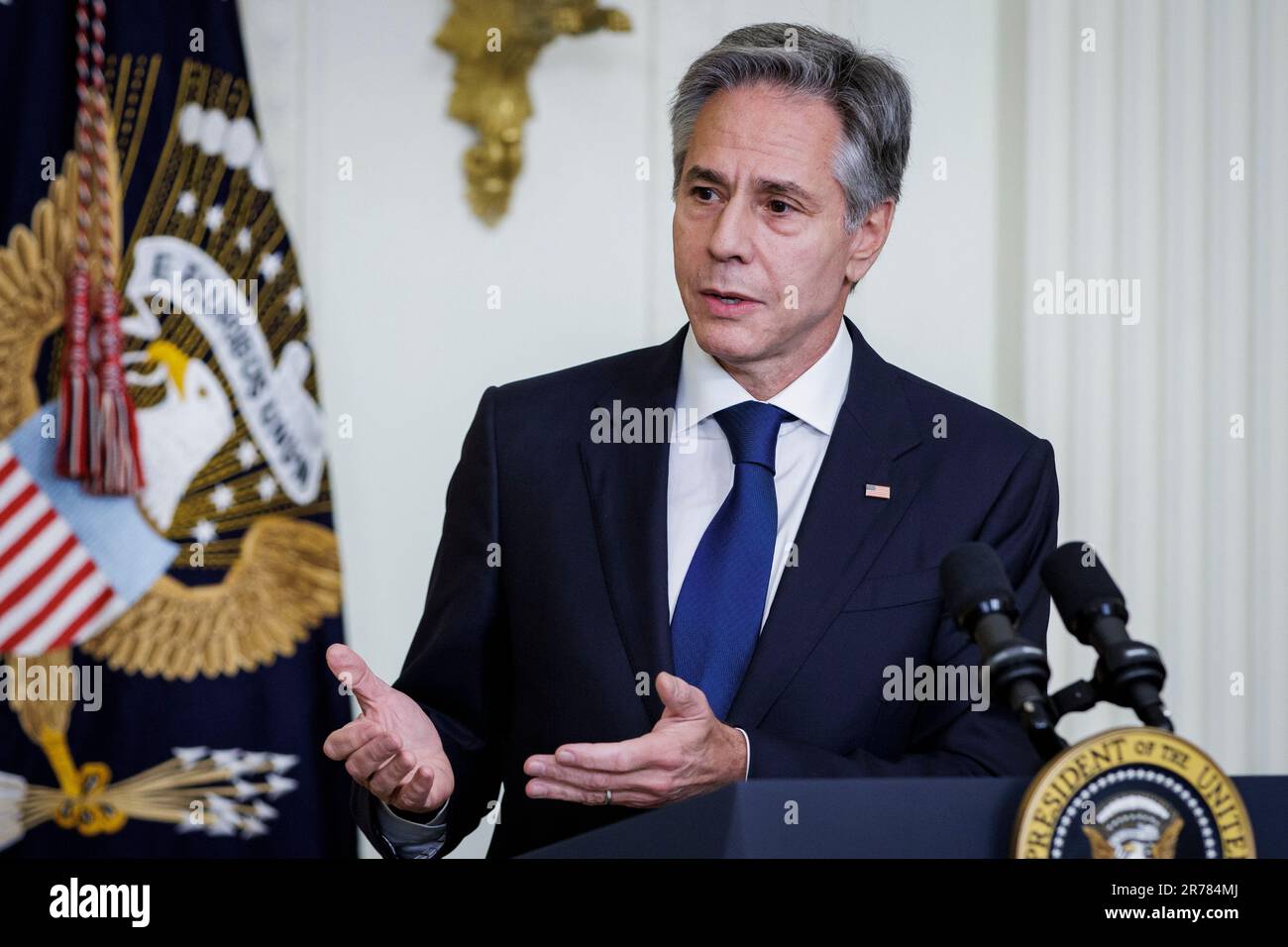 Washington, Usa. 13. Juni 2023. US-Außenminister Anthony Blinken spricht bei einem Empfang zu Ehren der US-Missionschefs im Ostzimmer am 13. Juni 2023 im Weißen Haus in Washington, DC. Foto: Samuel Corum/UPI Credit: UPI/Alamy Live News Stockfoto