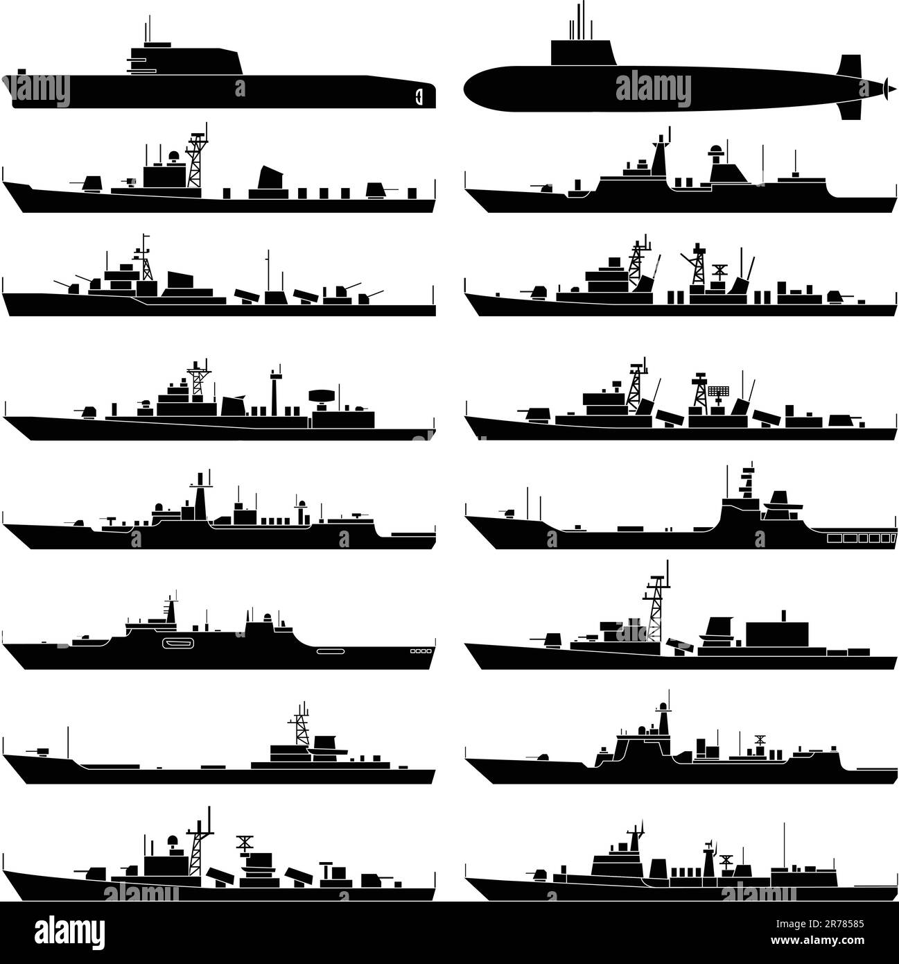 Vektordarstellung verschiedener Kriegsschiffe. Stock Vektor