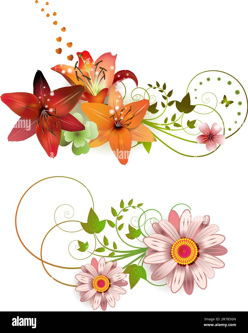 Blumenarrangements und Schmetterlinge, Lilien in verschiedenen Farben Stock Vektor