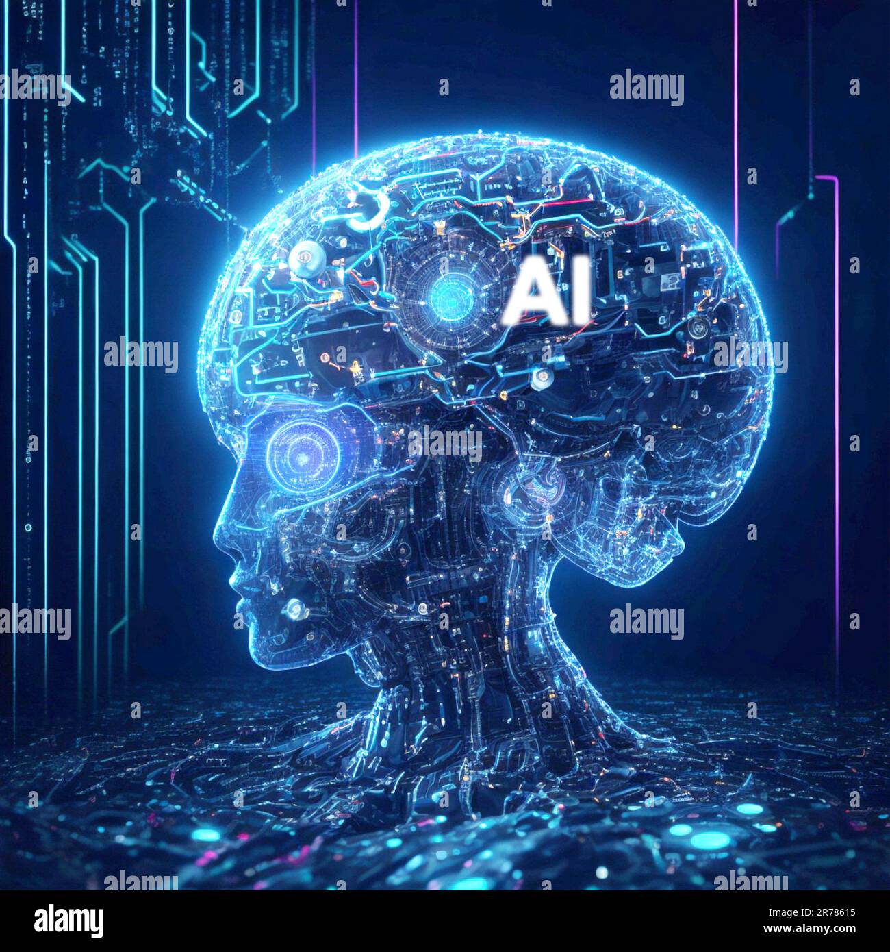 KI künstliche Intelligenz und Datenwissenschaft, Technologie, lernfähiges Gehirn, 3D-Rendering von Menschen digital, Head Connection Network, Innovation Stockfoto