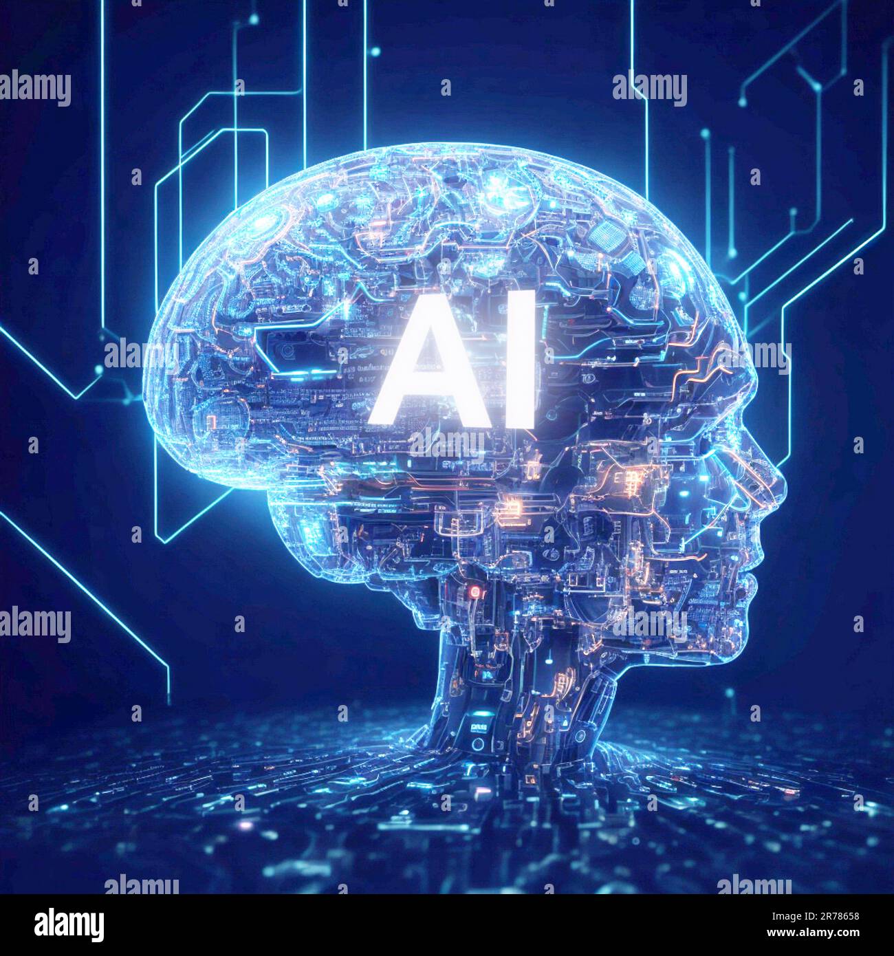 KI künstliche Intelligenz und Datenwissenschaft, Technologie, lernfähiges Gehirn, 3D-Rendering von Menschen digital, Head Connection Network, Innovation Stockfoto
