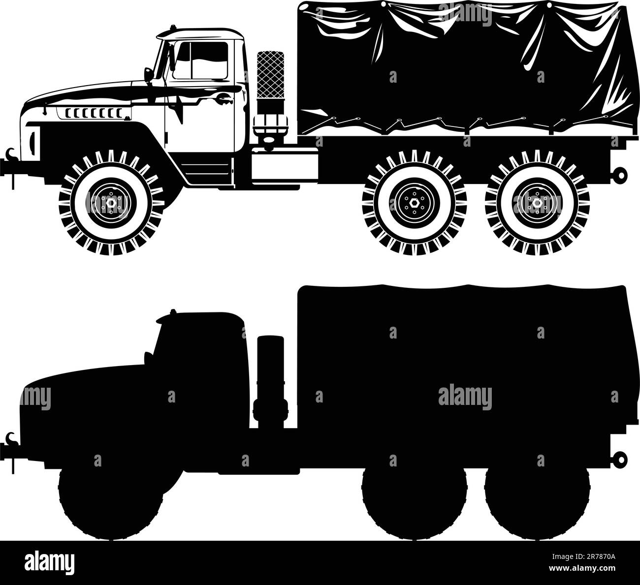 Vektor Schwarz-Weiß-Darstellung eines Militärlasters Stock Vektor