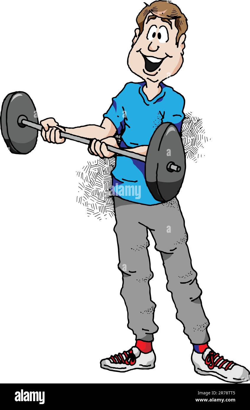 Cartoon-Illustration eines Mannes, der Barbell-Locken macht. Stock Vektor