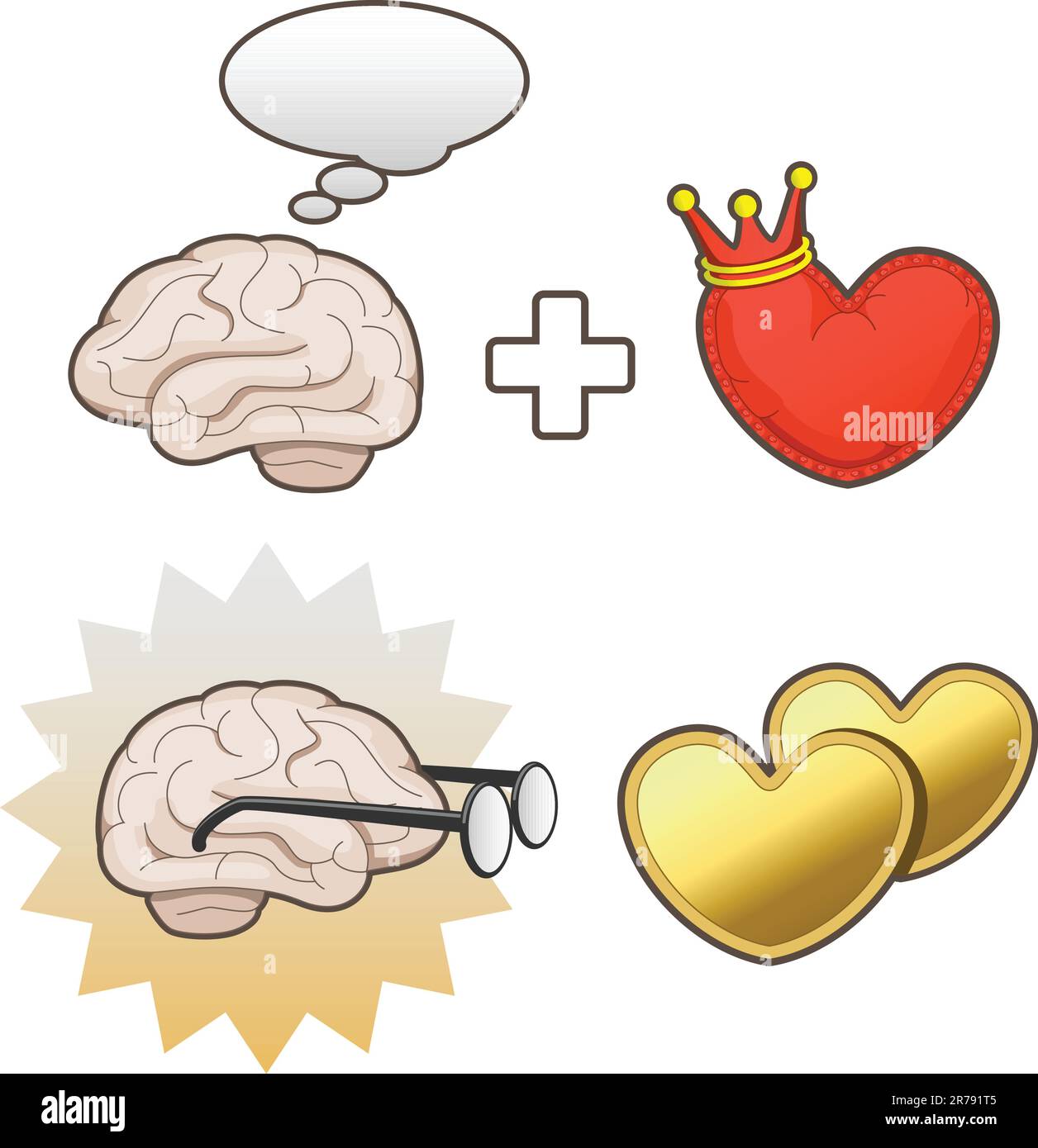Ein Gehirn denken sowie ein König der Herzen und Gehirn Nerds und Goldherzen Stock Vektor