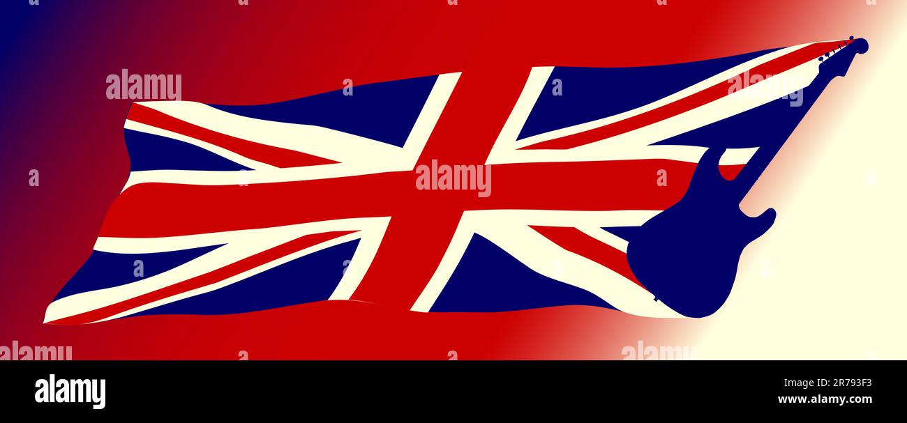 Britische Gewerkschaftsflagge mit Gitarrensilhouette über einem Farbübergang der Union Jack-Farben Stockfoto
