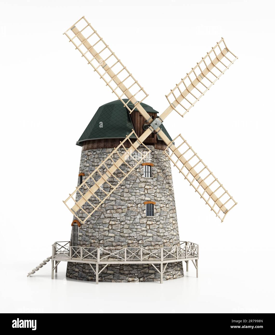 Windmühle isoliert auf weißem Hintergrund. 3D Abbildung. Stockfoto