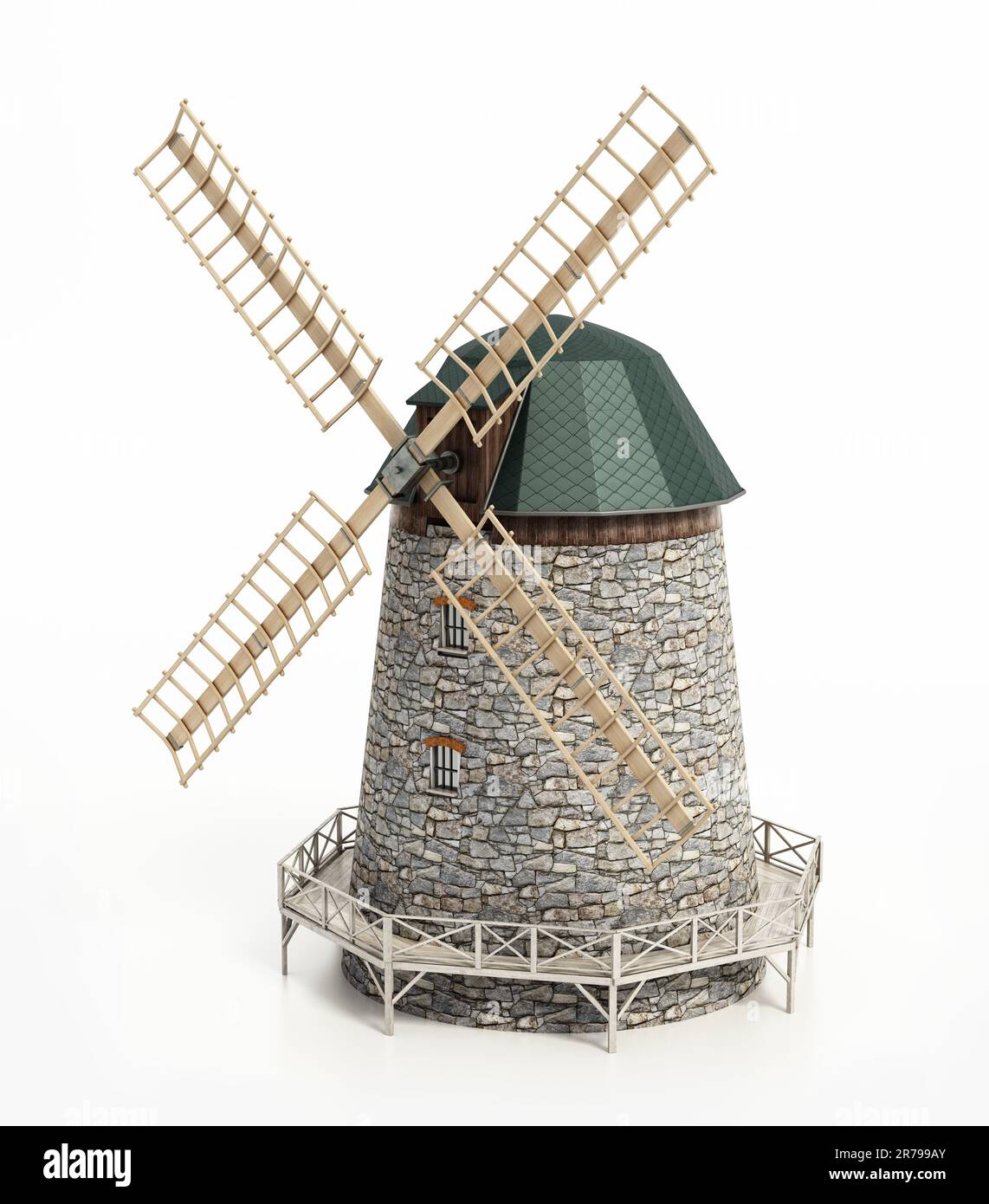 Windmühle isoliert auf weißem Hintergrund. 3D Abbildung. Stockfoto