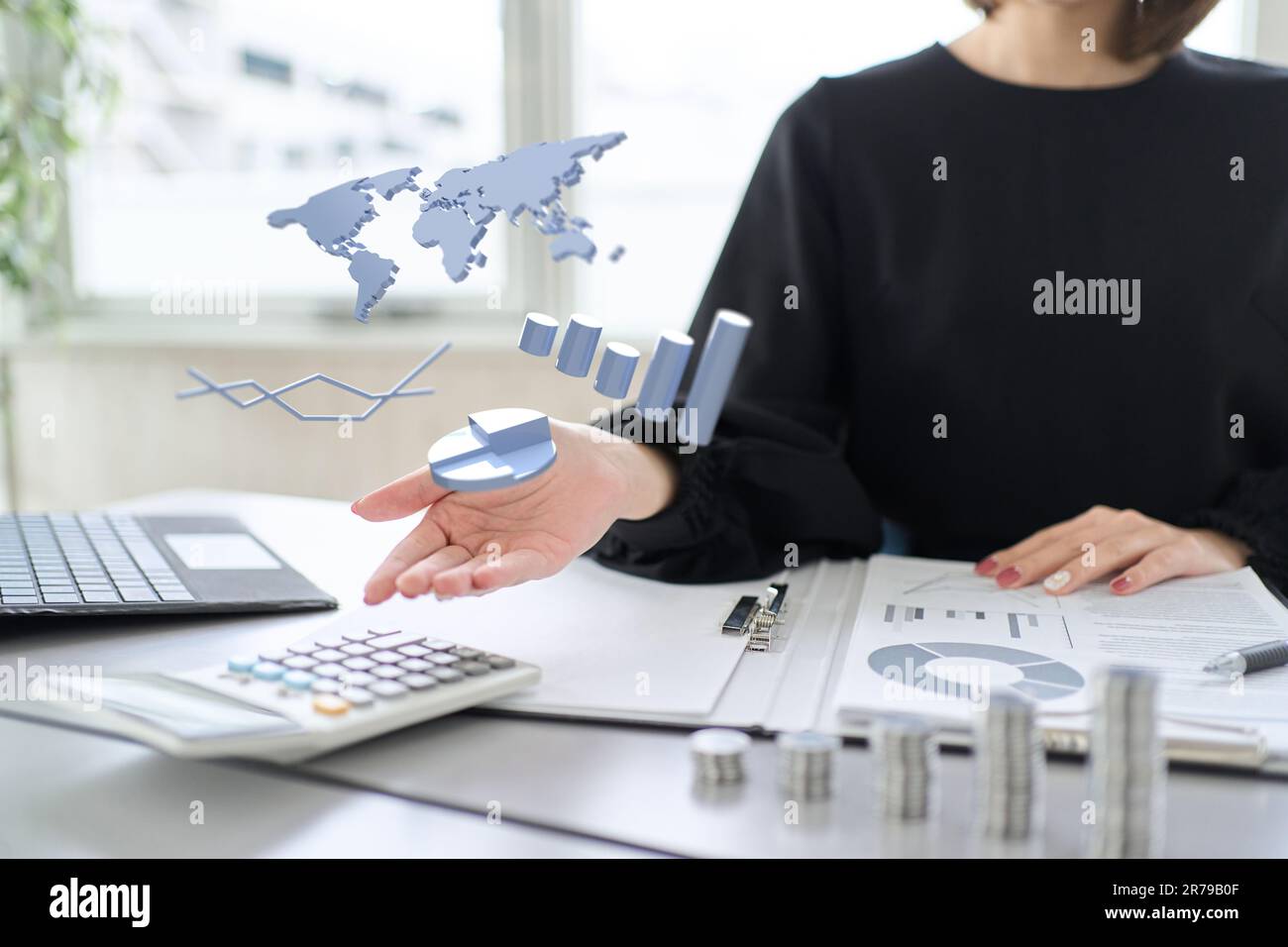 Frauenhand für globales Wirtschaftswachstum Stockfoto