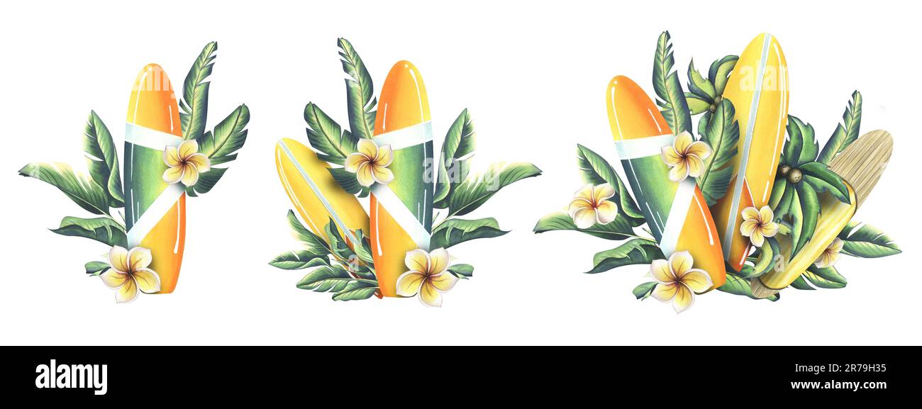 Die Surfbretter sind gelb mit orangefarbenen und weißen Streifen mit tropischen Blättern und Kokospalmen sowie Plumeria-Blumen. Handgezeichnete Aquarelle. A Stockfoto