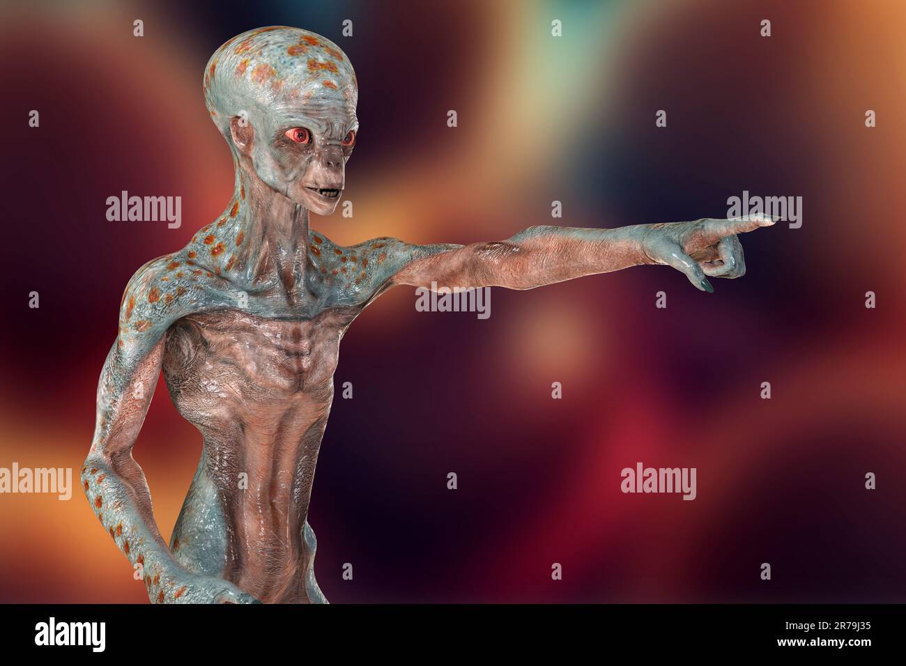 Humanoider Alien zeigt mit seinem Zeigefinger, Abbildung 3D Stockfoto