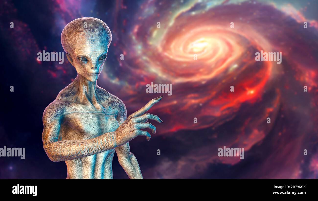 Ein humanoider Außerirdischer, der von der Kamera absieht, mit einer fotorealistischen, detailreichen Hautstruktur auf Weltraumhintergrund, 3D-Darstellung Stockfoto