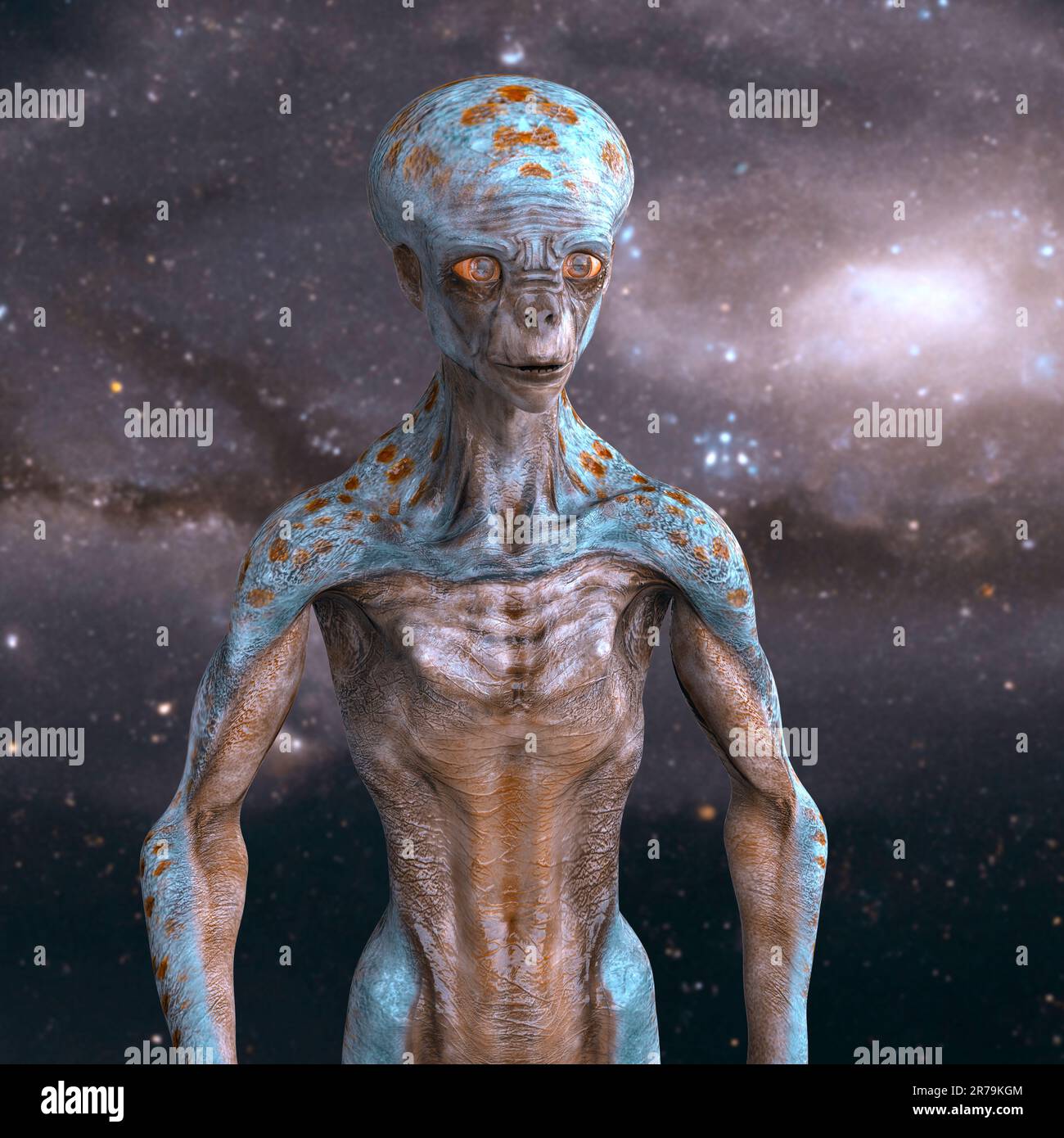 Ein humanoider Außerirdischer, der von der Kamera absieht, mit einer fotorealistischen, detailreichen Hautstruktur auf Weltraumhintergrund, 3D-Darstellung Stockfoto