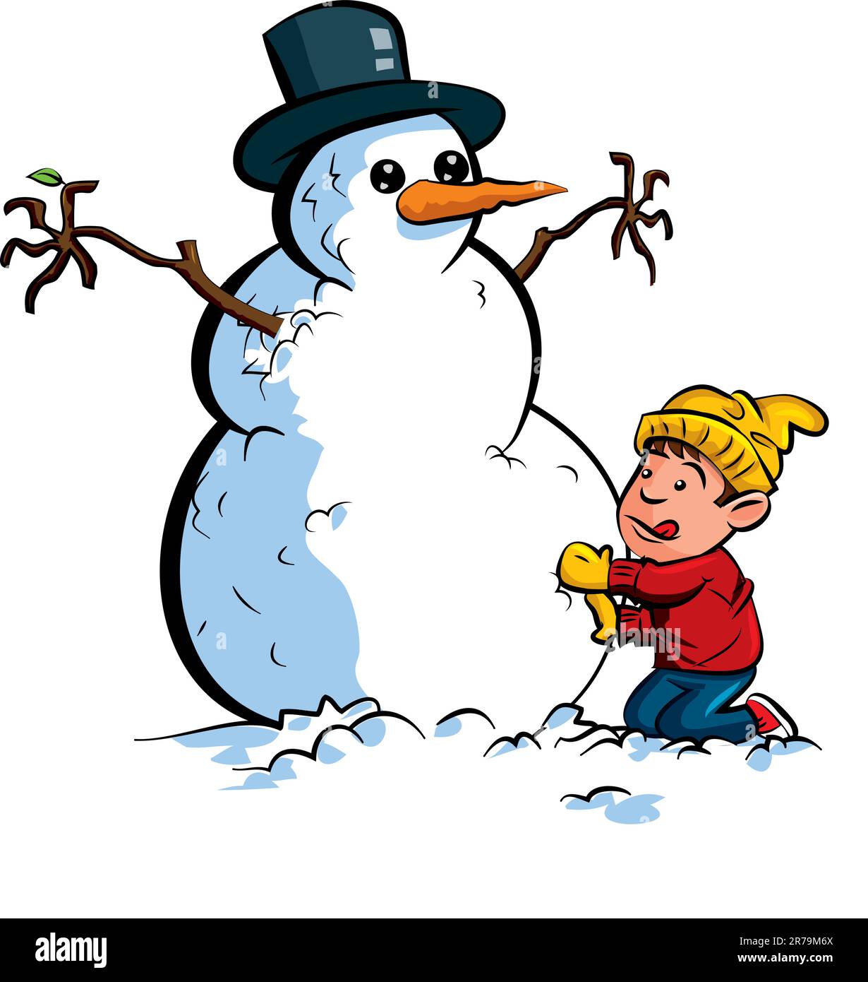 Cartoon-Junge, der einen Schneemann mit Hut baut Stock Vektor