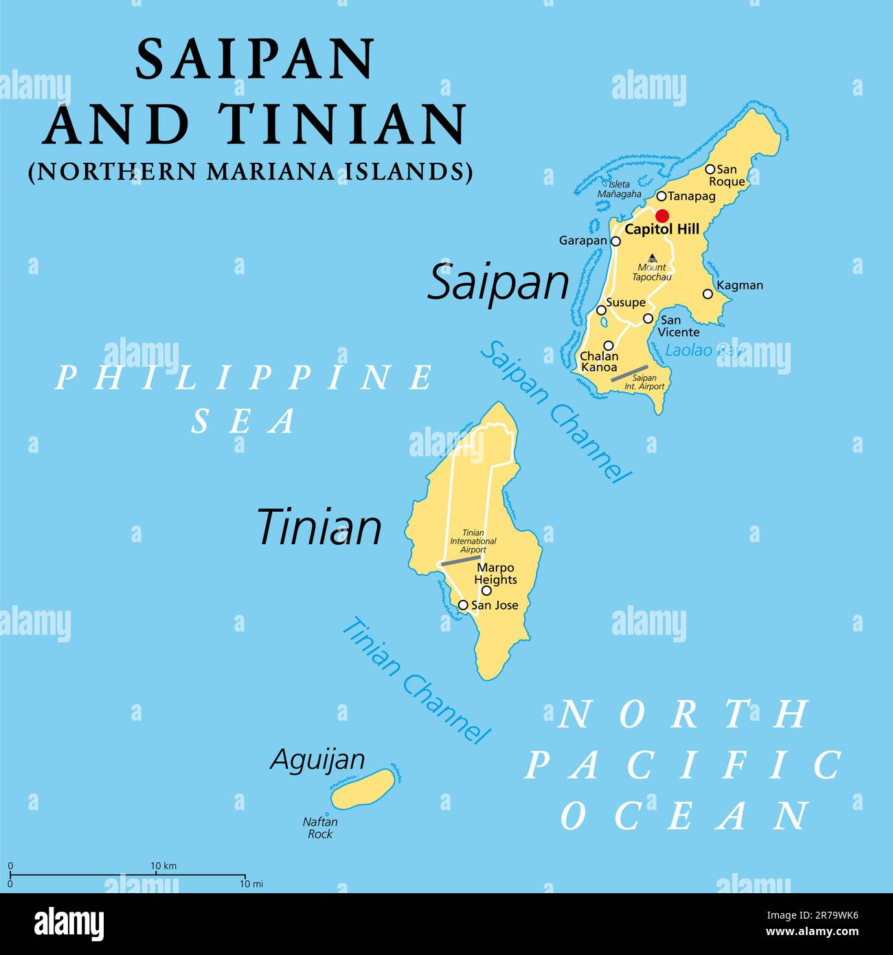 Saipan und Tinian, Nördliche Marianen, politische Karte. Inseln des Marianen Archipels. Nicht eingetragenes Territorium und Commonwealth der USA. Stockfoto