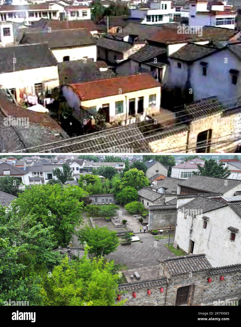 (230614) -- ANJI, 14. Juni 2023 (Xinhua) -- Dieses Kombi-Foto zeigt die ehemalige Residenz von Wu Changshuo (1844-1927), einem zeitgenössischen Meistermaler, im Dorf Zhangwu in Anji County, Ostchina Provinz Zhejiang im Jahr 2001 (oben, Video-Schnappschuss des lokalen Fotografen Wang Guangfa) Und eine Luftaufnahme vom selben Ort am 13. Juni 2023 (unten, Foto von Xia Pengfei). Das Dorf Zhangwu hat in den letzten zwei Jahrzehnten große Veränderungen erlebt, dank der Förderung des Programms zur Wiederbelebung des grünen ländlichen Raums in der Provinz Zhejiang, das Tausenden von Dörfern dabei geholfen hat, sich auf umweltfreundliche und nachhaltige Weise zu entwickeln. (Xin Stockfoto