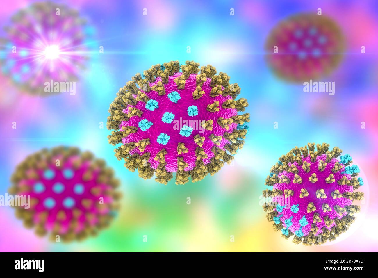 Grippevirus, Michigan Belastung. 3D-Abbildung: surface Glycoprotein spikes Hämagglutinin und Neuraminidase grün blau Stockfoto