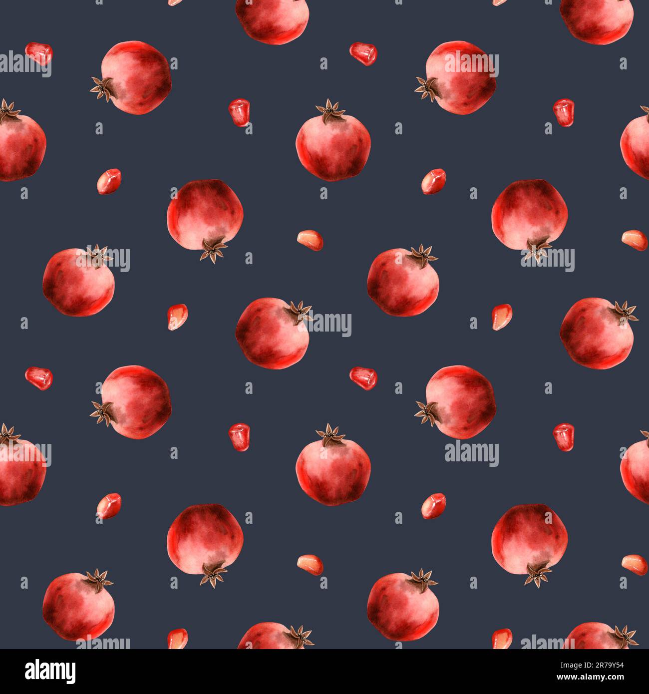 Dunkelblaue, einfache Granatäpfel, wasserfarbenes, nahtloses Muster mit leuchtend roten, saftigen Früchten. Botanische realistische Illustration Stockfoto