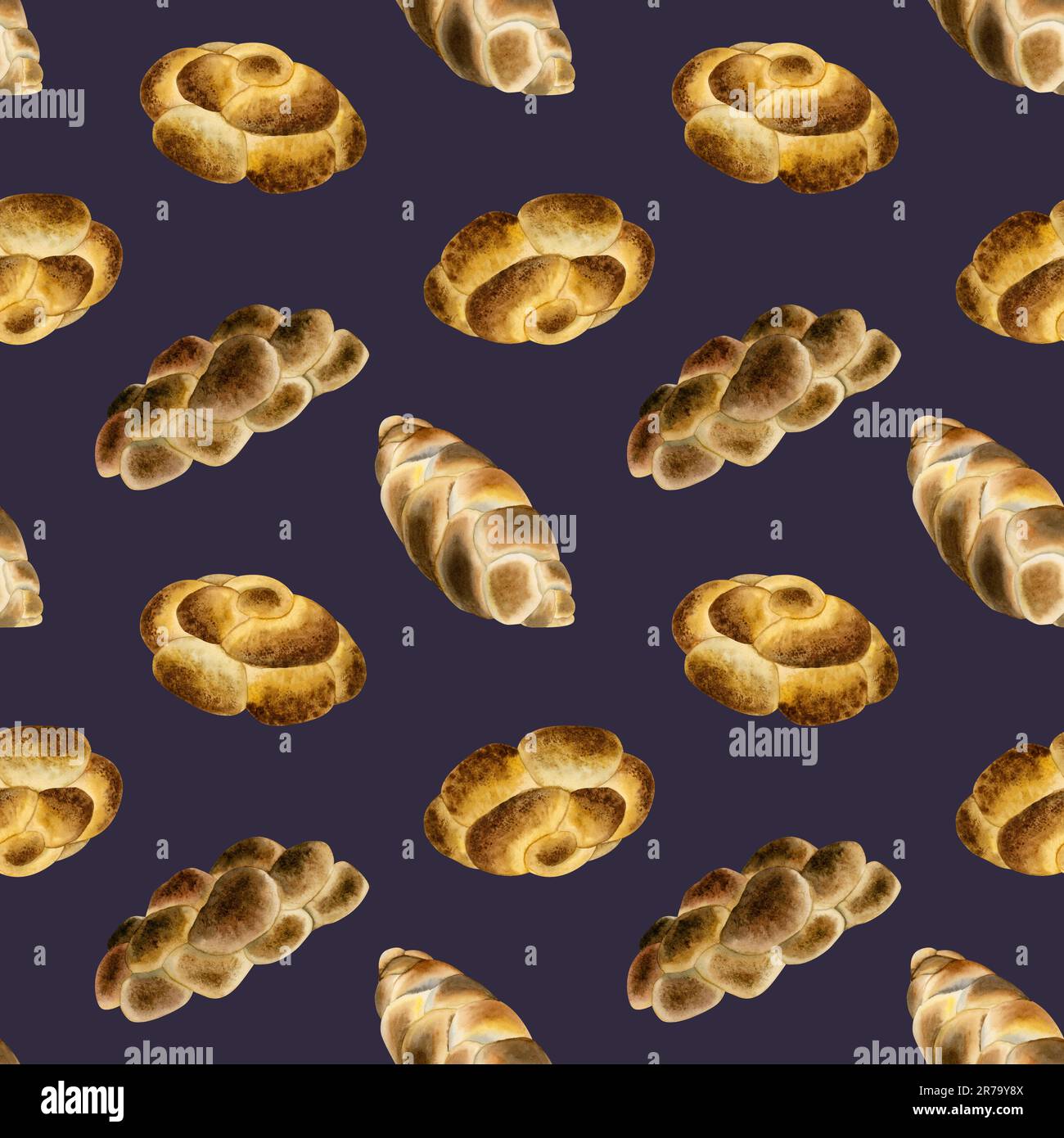 Köstliches wasserfarbenes Challah-Brot wasserfarbenes nahtloses Muster auf dunkelviolettem Hintergrund mit jüdischen geflochtenen Lafetten Stockfoto