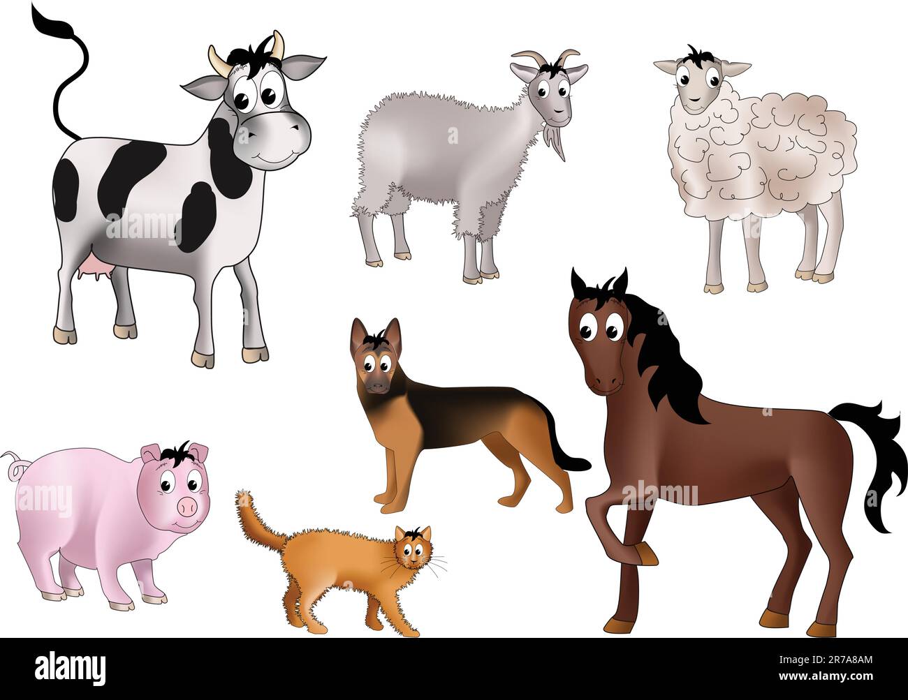 Sieben Haustiere - Kuh, Ziege, Schaf, Hund, Pferd, Schwein und Katze - in netter Kindheit gezeichnet Stock Vektor