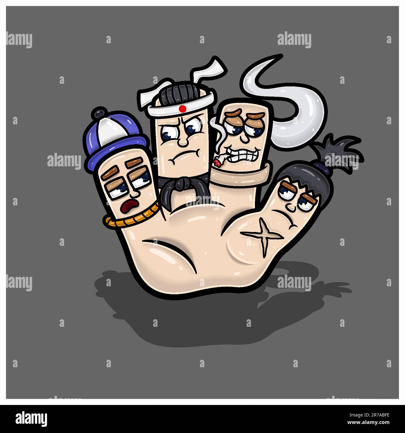 Zeichentrickfigur Vier Süße Gesichter In Der Hand. Rapper. Taekwondo, Smoker Und Samurai. Mit Einfachen Verläufen. Vektoren Und Illustrationen Stock Vektor