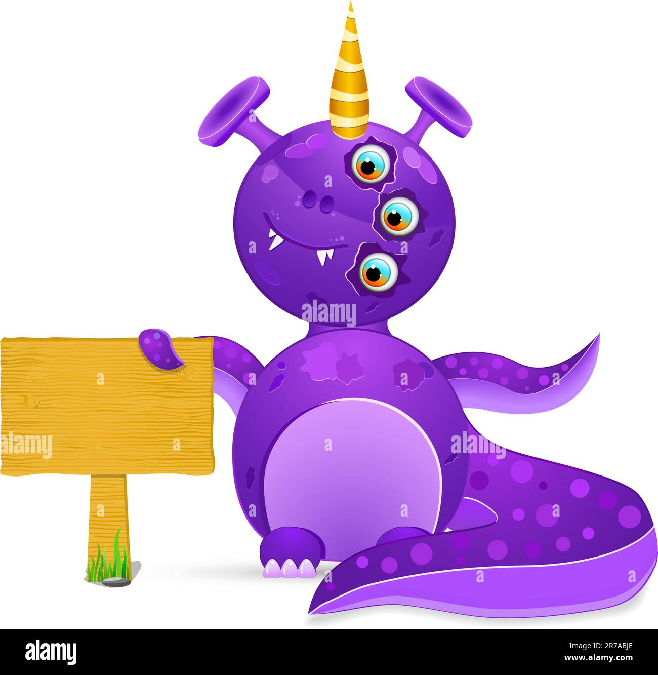 Violettes lächelndes Monster mit leerem Holzschild. vektordarstellung isoliert auf weißem Hintergrund Stock Vektor