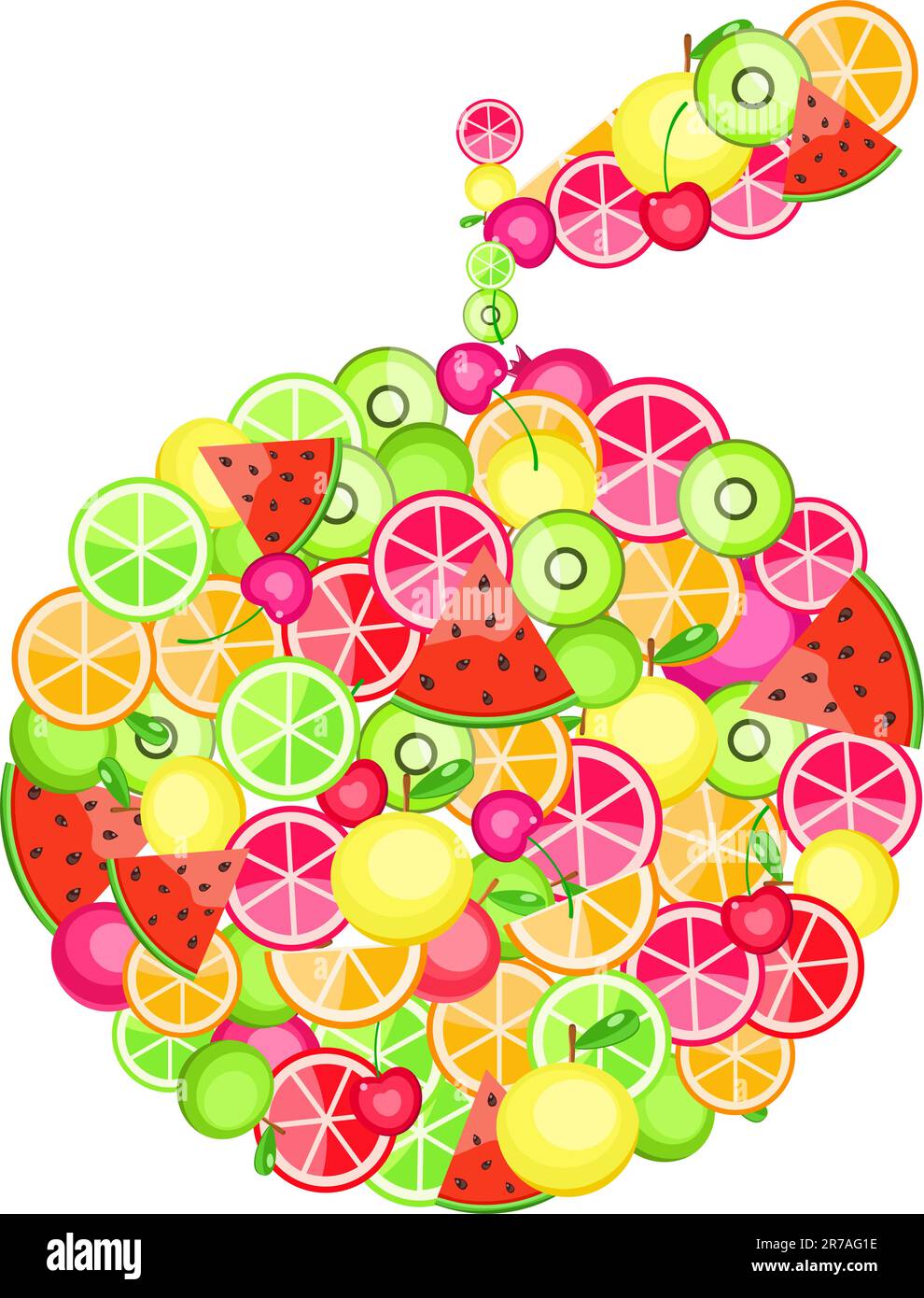 apfelsilhouette aus verschiedenen Früchten - Granatapfelorange, Apfelkirsche, Wassermelone auf weißem Hintergrund Stock Vektor