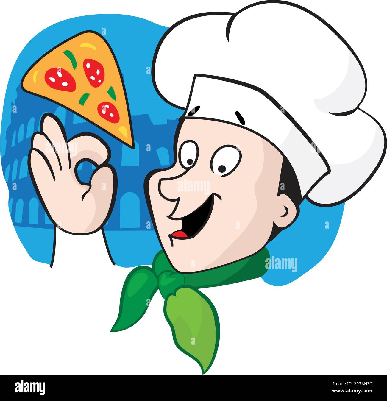 Illustration eines italienischen Zeichentrickkochs mit einer frisch gebackenen Pizza und Kolosseum im Hintergrund Stock Vektor