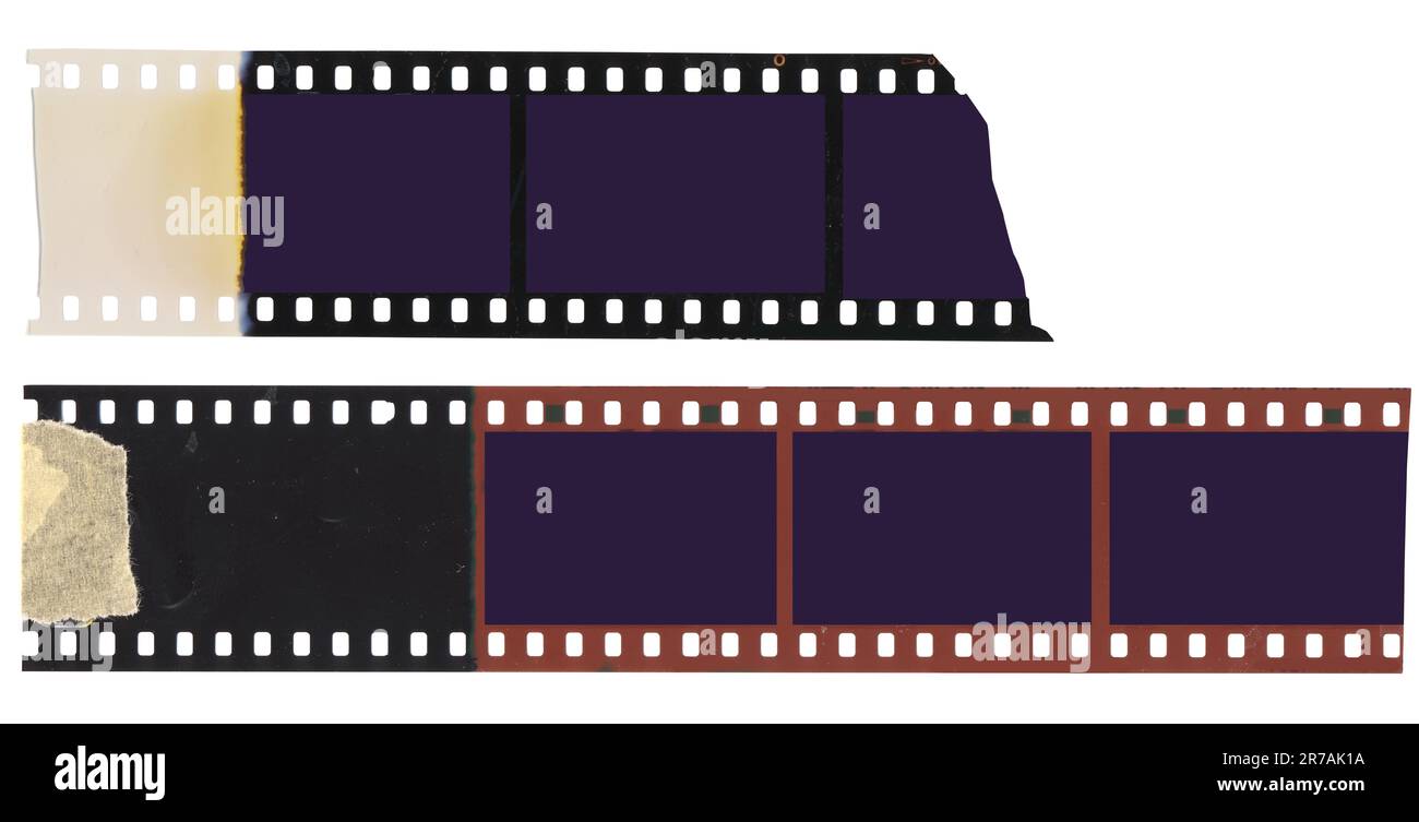 Altmodischer Jahrgang, 35mm Filmstreifen mit leeren Rahmen für Bilder, isoliert auf weißem Hintergrund Stockfoto