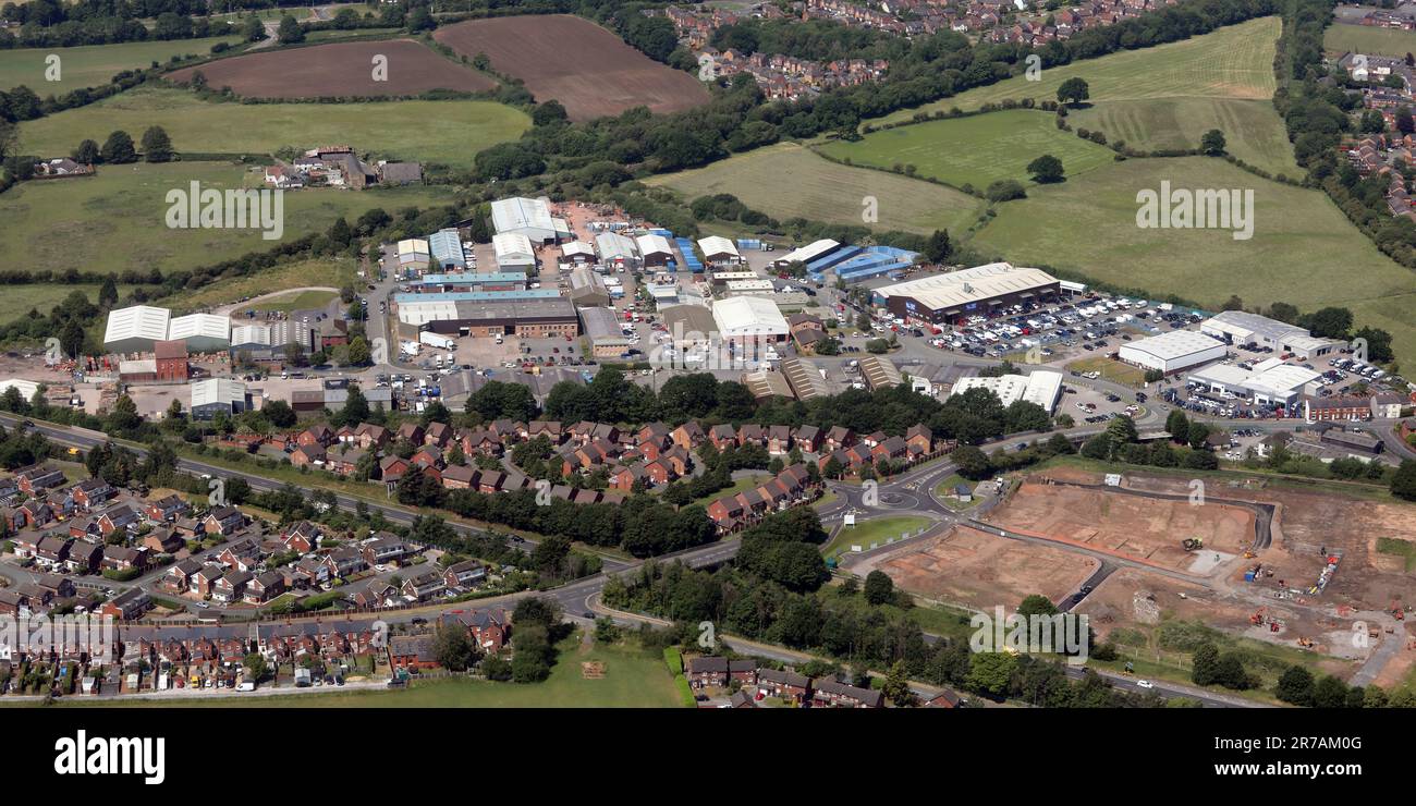 Rhosddu Industrial Estate, Wrexham, Wales aus der Vogelperspektive Stockfoto