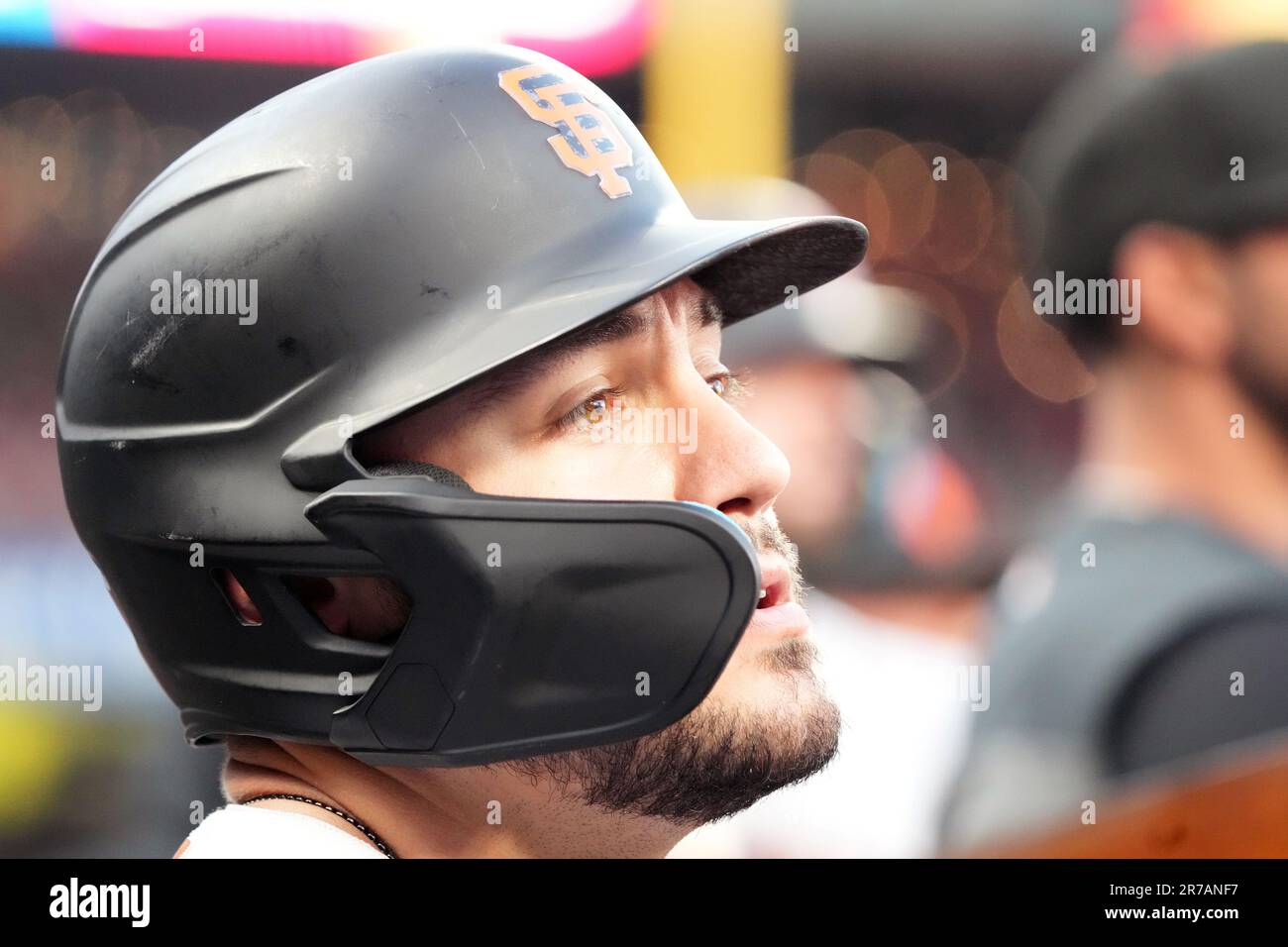 St. Louis, Usa. 13. Juni 2023. San Francisco Giants Michael Conforto beobachtet die Action gegen die St. Louis Cardinals vom Dugout im Busch-Stadion in St. Louis am Dienstag, den 13. Juni 2023. Foto: Bill Greenblatt/UPI Credit: UPI/Alamy Live News Stockfoto