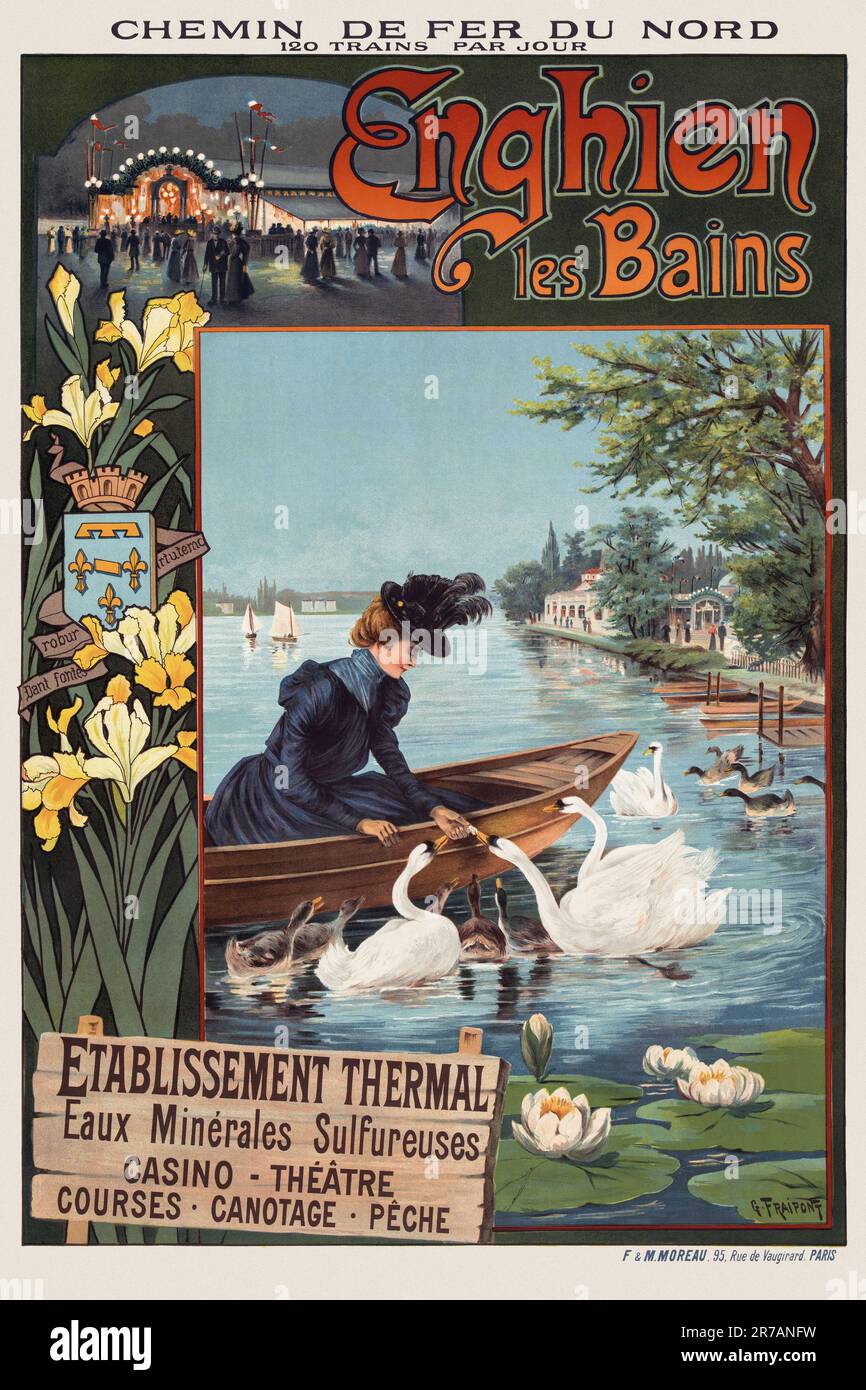 Chemin de fer du Nord. Enghien les Bains von Gustave Fraipont (1849-1923). Poster wurde 1900 in Frankreich veröffentlicht. Stockfoto